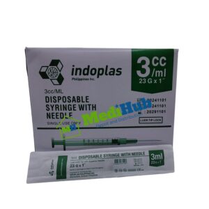 Disposal Syringe with Needle (INDOPLAS) 3cc/ML 23 G x 1" 100's Box - Front view with Disposable Syringe with Needle below