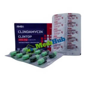 Clindamycin (CLINTOP) 300mg Capsule 100's box and tablet pack front view