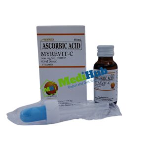 Ascorbic Acid (MYREVIT-C) 100mg/mL Drops box, bottle and dropper front view