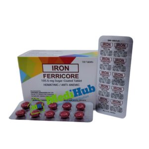 Iron (FERRICORE) 105.6mg Sugar-Coated Tablet 100's box and tablets front view