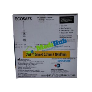 I.V. Cannula/Catheter with Wings & Injection Port (ECOSAFE) 24G / 19mm / 0.7mm / 19ml/min 100's - Back view