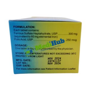 Iron + Folic Acid (AMERICON) 60mg / 250mcg Tablet 100's box side view