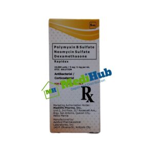Polymyxin B Sulfate Neomycin Sulfate Dexamethansone (RAPIDAX) 5mg/ 1 mg per mL Solution 5mL box front view